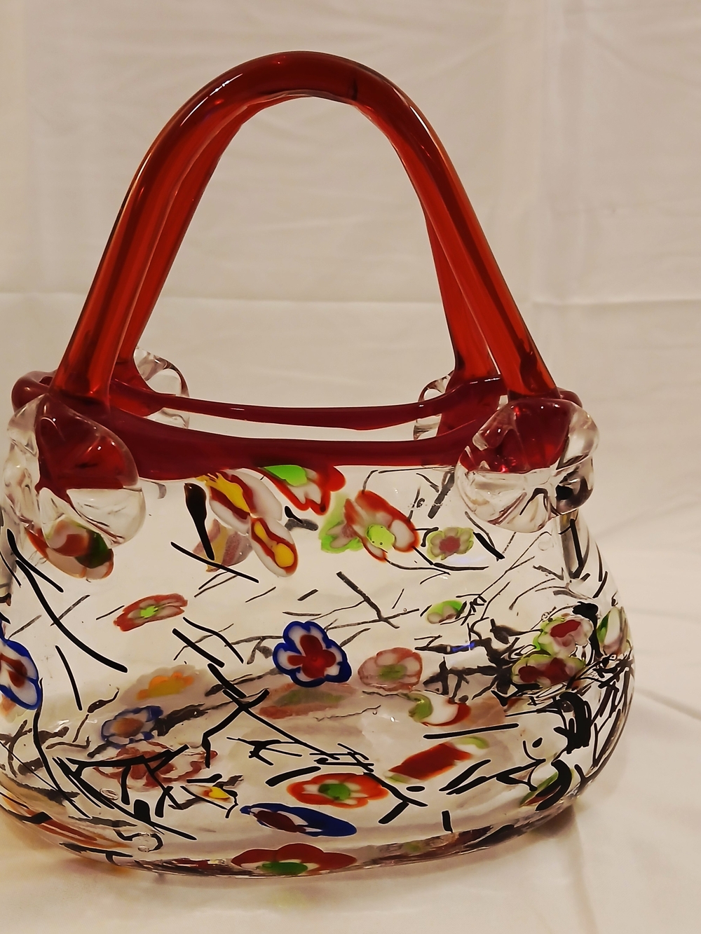 Vintage Italian Murano style hand-blown millefiori art glass purse vase.